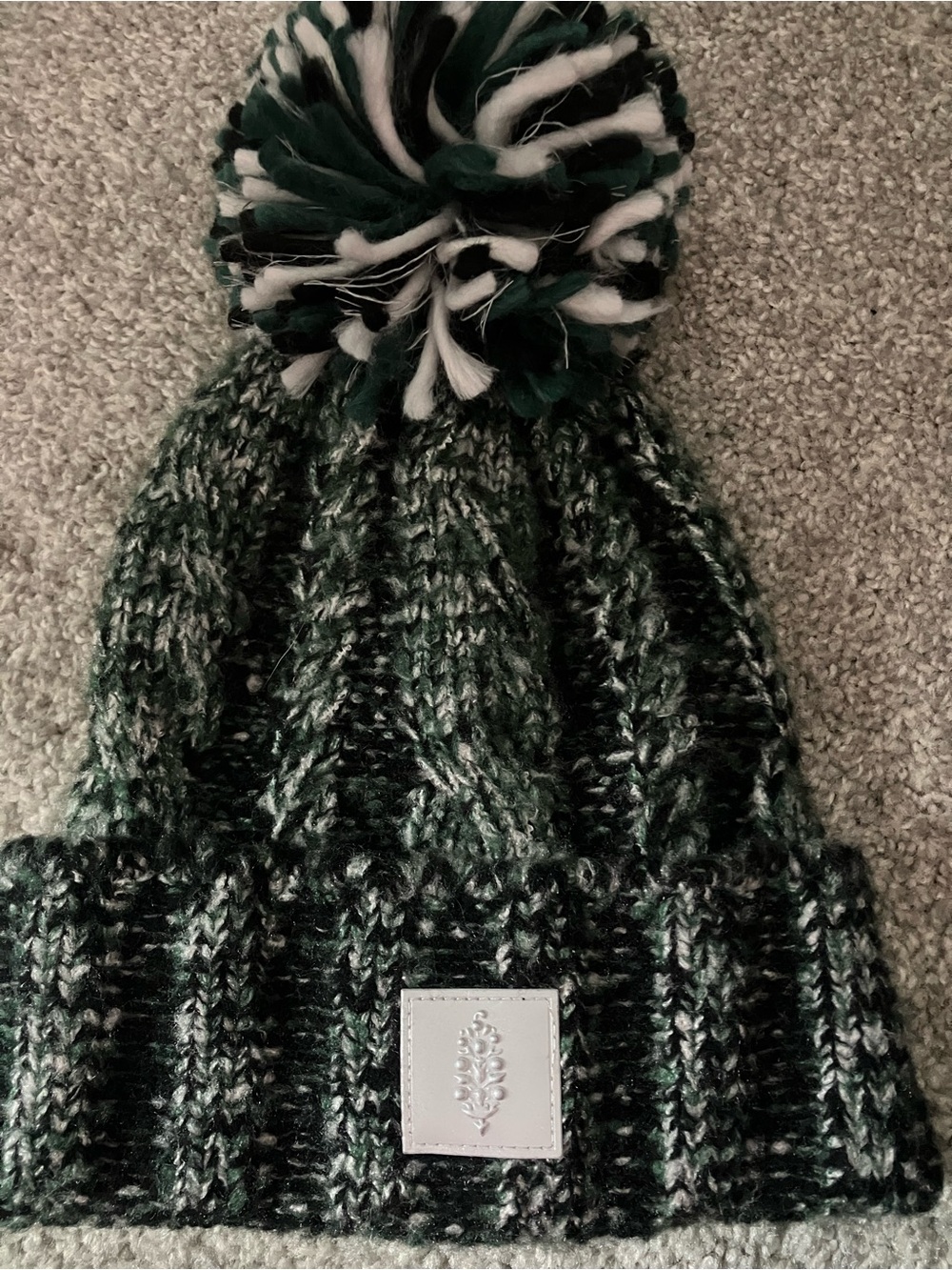 Free People Green and Black Knit Pom Beanie